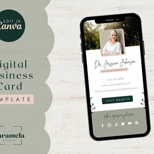 Wellness Digitale Visitenkarten Vorlage | Physio Biz Karte | Yoga Virtuelle Karte | In Canva bearbeiten | Salbeigrün