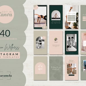 May include: 40 customizable Instagram story templates for a physiotherapy or wellness business. The templates feature a green, pink, and white color scheme with images of people exercising, a quote about taking care of your body, and a testimonial.