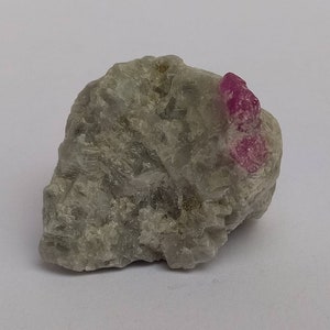 May include: A rough, gray rock with a bright pink ruby crystal embedded in it.