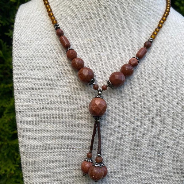 Goldstone Necklace for Women, Elegant Pearl and Crystal Beaded Jewelry - Gift for Her, Perfect Gift for Women, Goldstone Birthstone Necklace