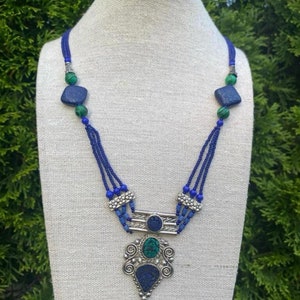 Lapis Lazuli with Malachite Necklace: Blue Gemstone Beauty - Handmade Raw Crystal Modern Charm Necklace for Women Unique Gift for Her