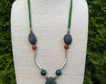 Jade Necklace A Gift for Her: Elegance in Green Jade, Necklaces for Women, Green Unfinished Jade with Red Agate Bead Necklace