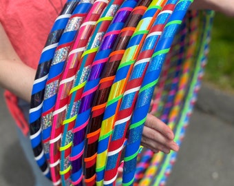 Kids' Hula Hoops, toddler and child sizes, multicolor, decorative, bright patterns, durable and made in USA