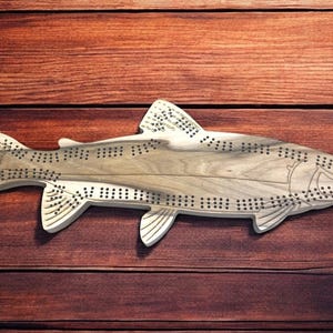 Handcrafted Hickory Trout Cribbage Board with Peg Storage | Valentines |  3-Track Design | Fathers Day Gift | Anniversary Gift for Him