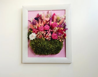 Framed Dried Flowers, Preserved Wall Decoration, Bohemian Flower Arrangement, Moss Base Decor, Natural Home Decor