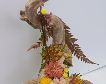 Flower Decorated Wood Carving, Funny Plant Holder, Nature Lover Gift, Whimsical Floral Decor, Barkless Wood Sculpture
