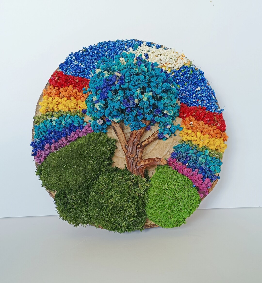 Sky Inspired Pine Tree Wall Decoration, Blue Hued Design, Rainbow Sides