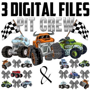 Monstertruck-Bundle - 3 digitale PNG-Designdateien, Sublimation, DTF, DTG - Pit Crew & 2 Monstertruck-Bogendesigns