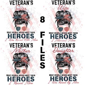Mãe, esposa, irmã, filha de veterano - 8 arquivos de design digital PNG Sublimação, DTF, DTG para o Dia dos Veteranos ou 4 de julho