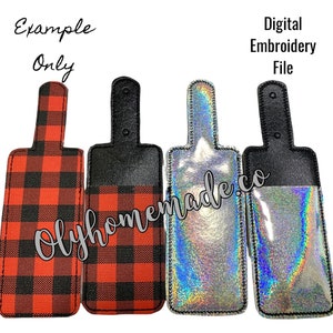 May include: Four different designs for a digital embroidery file of a key fob. The designs include a red and black buffalo plaid, a black and red buffalo plaid, a silver iridescent fabric, and a blue iridescent fabric.