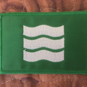 May include: Green rectangular patch with a white wavy design. The patch has a green border and a textured surface. The white design consists of three horizontal, wavy lines.