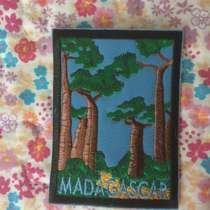 May include: Embroidered patch featuring a blue sky background with brown trees and green foliage. The word "MADAGASCAR" is embroidered in blue at the bottom. The patch has a black border.