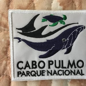 Puede incluir: Un parche bordado cuadrado sobre fondo blanco que presenta una ballena azul oscuro, una aleta de tiburón negra y una tortuga marina verde. El texto CABO PULMO PARQUE NACIONAL está bordado en letras mayúsculas negras en la parte inferior.