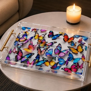 Acryl-Tablett mit bunten Schmetterlingen (11x14 Zoll), Lucite-Tablett für den Ottomanen, Couchtisch-Dekoration, Einzugsgeschenk