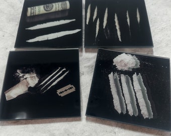 Conjunto de 4 porta-copos engraçados com tema de cocaína, porta-copos de vidro para carrinho de bar, presente de boas-vindas divertido