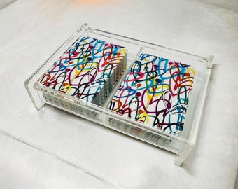 Colorful Grafitti Hearts  Canasta Game Player Cards 2 Decks In Acrylic Holder