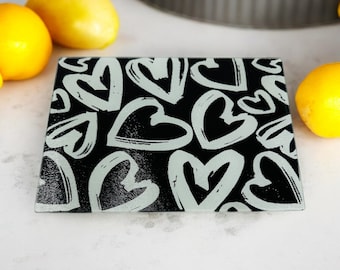 Graffiti Black And White Hearts Love  Glass Cutting Board  Charcuterie