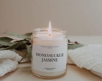 Honeysuckle Jasmine Scented Candle, Luxury Fragrance, Minimal Aesthetic Home Decor, Healthy NonToxic Handmade Soy Candle, Sustainable &Vegan