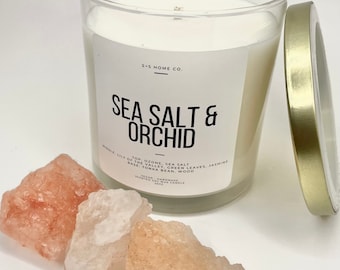 Sea Salt and Orchid Candle | Clear Jar W/ Gold Lid | Beachy Coastal Scented Candles | Soy Candles | Floral Scented Candle