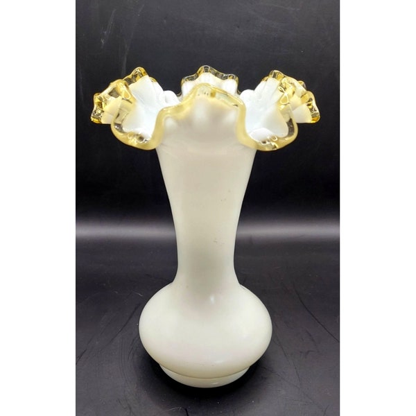 Stunning Fenton Milk Glass Ruffled Yellow Crest Vase 1940