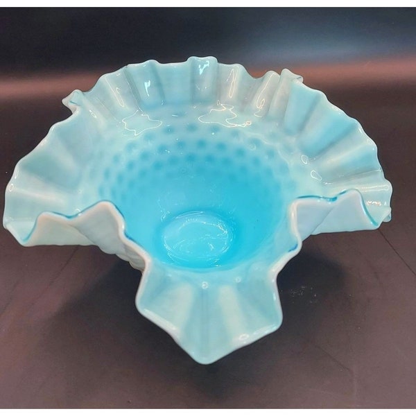 Vintage Fenton White Hobnail Ruffled Bowl with Blue Center Lovely