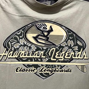 May include: A light green t-shirt featuring the words "Hawaiian Legends" in a stylized font, with a graphic of a surfer and the words "Classic Longboards". The design is in black, white, and tan.