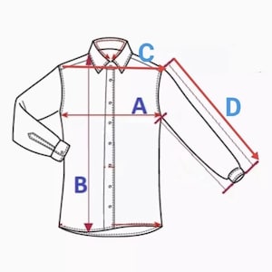 Pode incluir: Uma camisa branca abotoada com mangas compridas, mostrada com linhas de medi&ccedil;&atilde;o rotuladas A, B, C e D. A camisa tem uma gola cl&aacute;ssica e punhos abotoados. A imagem &eacute; um diagrama de medidas de vestu&aacute;rio.