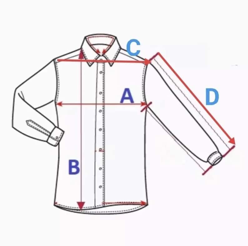 Pode incluir: Uma camisa branca abotoada com mangas compridas, mostrada com linhas de medi&ccedil;&atilde;o rotuladas A, B, C e D. A camisa tem uma gola cl&aacute;ssica e punhos abotoados. A imagem &eacute; um diagrama de medidas de vestu&aacute;rio.