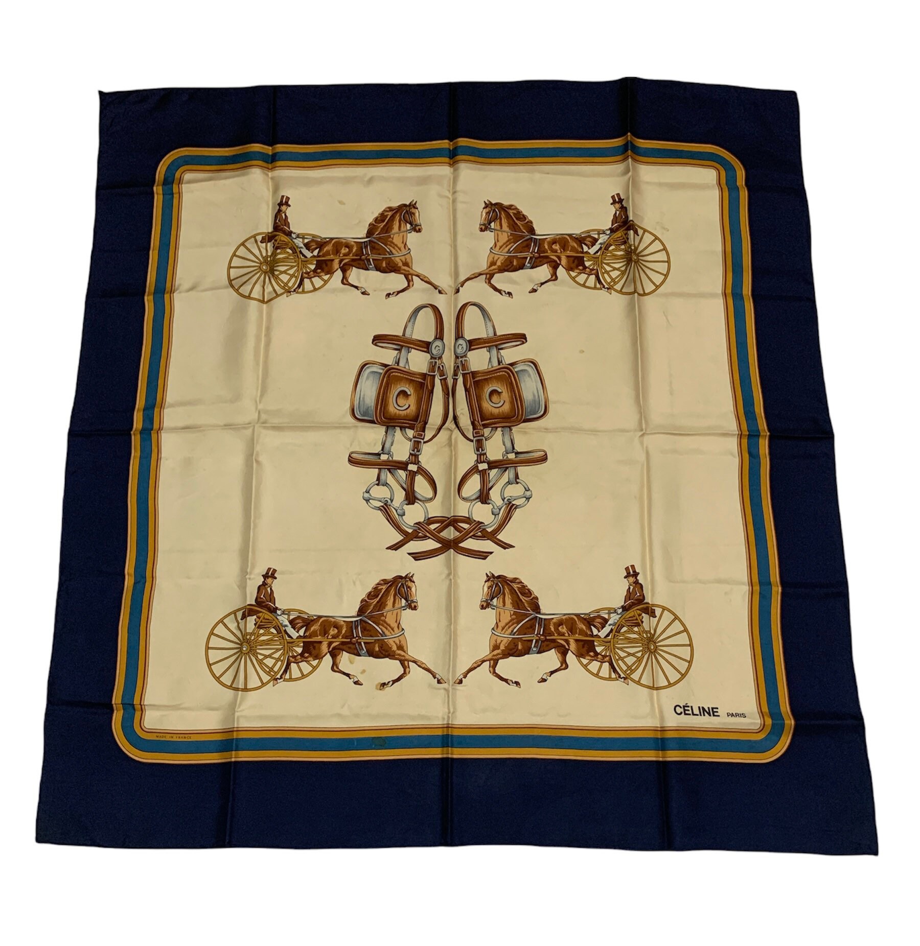 madameEvintage 1970s 1980s Celine Silk Scarf, Navy Blue with Blue and White Horse Bits in Geometric Pattern, 66cm Square, Original Packaging