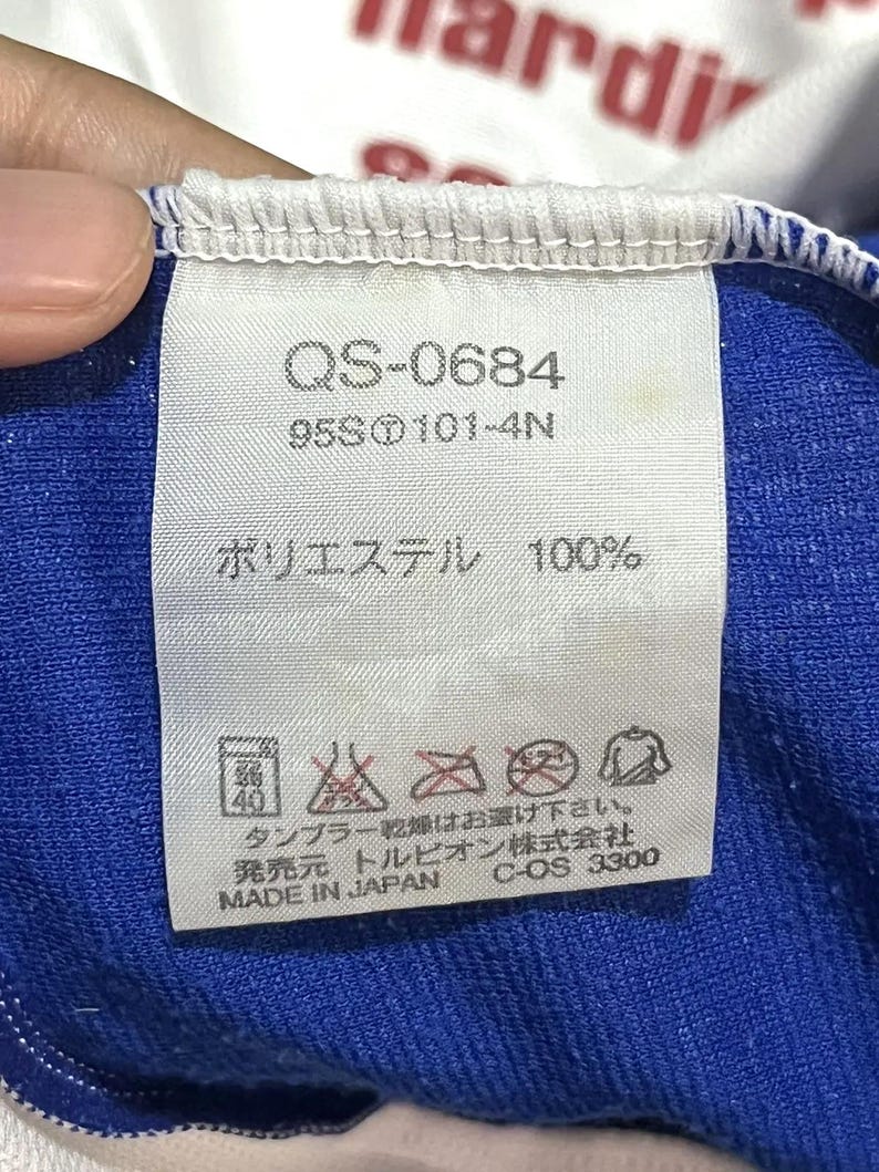 May include: A white tag with the text "QS-0684", "95S 101-4N", and "ポリエステル 100%". The tag also includes care symbols and Japanese text. The tag is attached to a blue fabric.