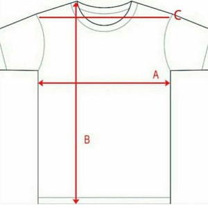 May include: A white t-shirt with red measurement lines and labels. The diagram shows the measurements for the shirt's width (A), length (B), and sleeve length (C).