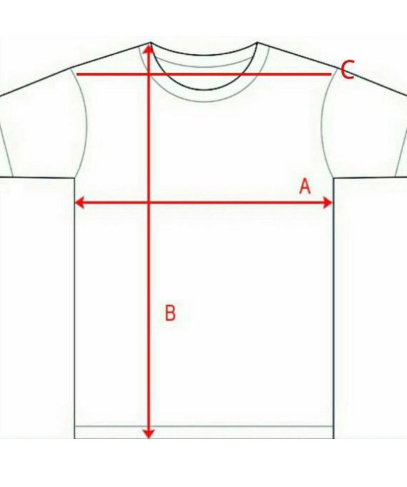 May include: A white t-shirt with red measurement lines and labels. The diagram shows the measurements for the shirt's width (A), length (B), and sleeve length (C).