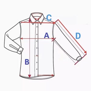 Pode incluir: Uma camisa branca abotoada com mangas compridas, mostrada com linhas de medi&ccedil;&atilde;o rotuladas A, B, C e D. A camisa tem uma gola cl&aacute;ssica e punhos abotoados. A imagem &eacute; um diagrama de medidas de vestu&aacute;rio.