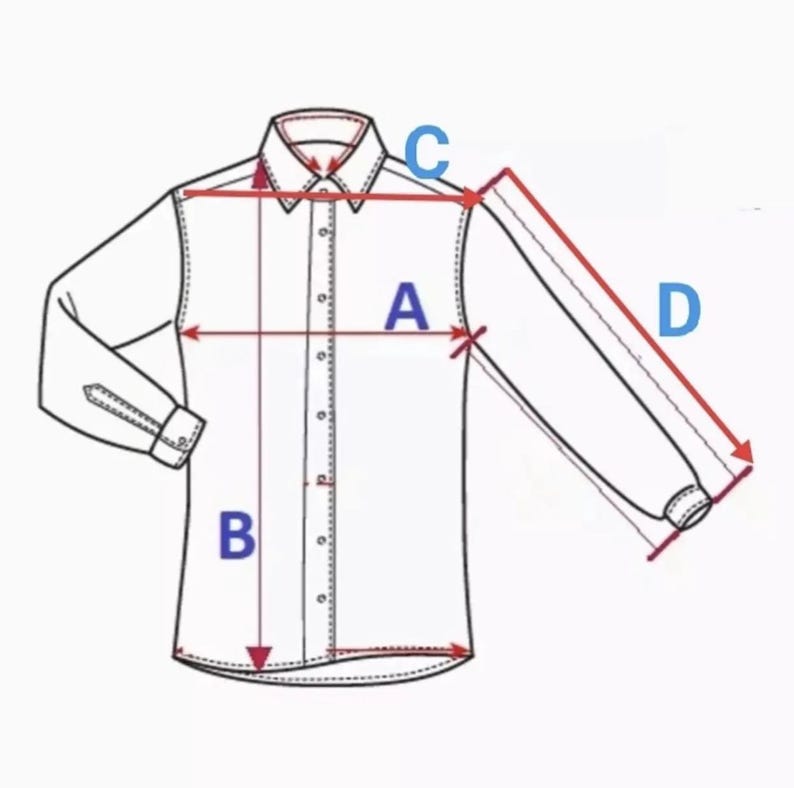 Pode incluir: Uma camisa branca abotoada com mangas compridas, mostrada com linhas de medi&ccedil;&atilde;o rotuladas A, B, C e D. A camisa tem uma gola cl&aacute;ssica e punhos abotoados. A imagem &eacute; um diagrama de medidas de vestu&aacute;rio.