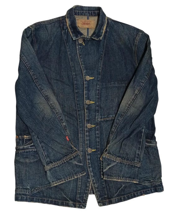 Vintage 2005 Levis Japan Denim Chore Coat Size XL Lot 70822 Indigo Blue Coverall Utility Workwear Jacket Distressed Aesthetic Mens Gift