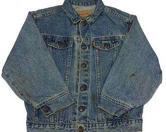 Pantalones vaqueros vintage de los años 70 para niño/niña, estilo Levi's, con lengüeta naranja y botones a presión metálicos. Talla 7x.