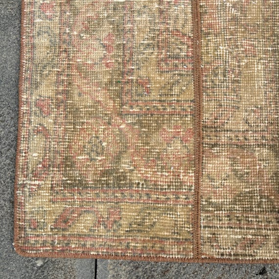 トルコ　ヴィンテージラグ　ナチュラル トルコ ヴィンテージラグ ベージュ オリーブ 草木柄 ダブル