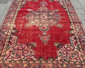 7x10 Large Rug, Turkish Rug, Vintage Rug, Faded Anatolian Rugs, Rugs For Bedroom, 6.8x9.8 ft Red Rug, Antique Oushak Rug, Large Salon Rug,