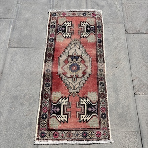 Tappeto piccolo, tappeto turco, tappeto vintage, tappeto antico, tappeti per la cameretta dei bambini, tappeto rosso 1 x 3 piedi, tappeti per la camera da letto, tappeto piccolo Oushak