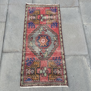 Tappeto turco, tappeto vintage, tappeto piccolo 44 x 94 cm, tappeto Oushak, zerbino Boho 1 x 3 piedi, tappeto rosso in lana anatolica
