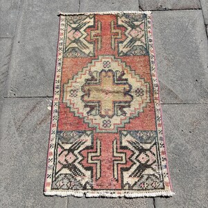 Tappeto turco vintage, tappeto piccolo, tappeto tessuto a mano, tappeti antichi, tappeto Oushak, tappeti per ingresso, arredamento boho, 1 x 3 piedi, tappeto colorato