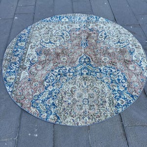 Round Rug, Vintage Rug, Turkish Rug, 6x6 Area Rug, Antique Rug, Rugs For Bedroom, 5.6x5.6 ft Blue Rug, Boho Chic Turkish Rug, Oushak Rug,