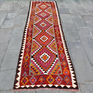 Runner Kilim, Vintage Kilim, Turkish Kilim, Herki Kilim, Rugs For Corridor, 3x9.9 ft Purple Kilim, Soft Washable Anatolian Rug, Aztec Rug,