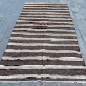 Vintage Kilim, Large Kilim, Striped Turkish Kilim, Anatolian Kilim, Rugs For Salon, 4.9x9.3 ft Brown Kilim, Soft Washable Oushak Kilim,