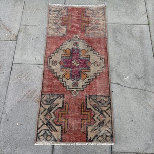 Turkish Rug, 1x3 ft Small Rug, Vintage Rug, Oushak Rug, Entry Rugs, 42x93 cm Pink Rug, Handwoven Turkish Carpet