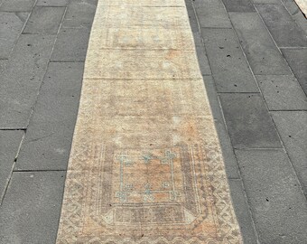 3x11 Runner Rug, Turkish Rug, Vintage Rug, Faded Anatolian Rugs, Rugs For Corridor, 2.8x10.2 ft Beige Rug, Kitchen Rugs, Long Runner Rug,