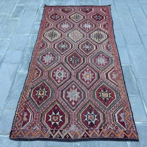 Large Kilim, Embroidered Turkish Kilim, Vintage Kilim, Anatolian Kilim, Rugs For Living Room, 4.8x10.2 ft Pink Kilim, Colorful Oriental Rug,