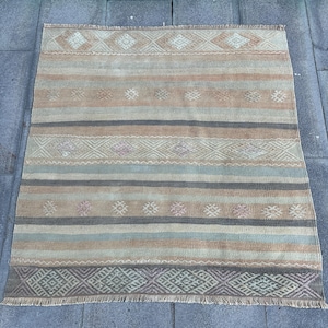 Small Kilim, Vintage Kilim, Turkish Kilim, Patterned Oushak Kilim, Rugs For Entry, 3.5x3.6 ft Orange Kilim, Kilim With Fringe, Boho Rug,