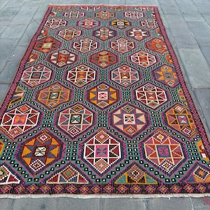 Turkish Kilim, Large Kilim, Vintage Embroidered Kilim, Antique Kilim, Rugs For Living Room, 6.2x10.8 ft Rainbow Kilim, Anatolian Kilim
