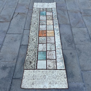 1.9x6.7 ft Vintage Rug, Turkish Rug, White Patchwork Wool Rug